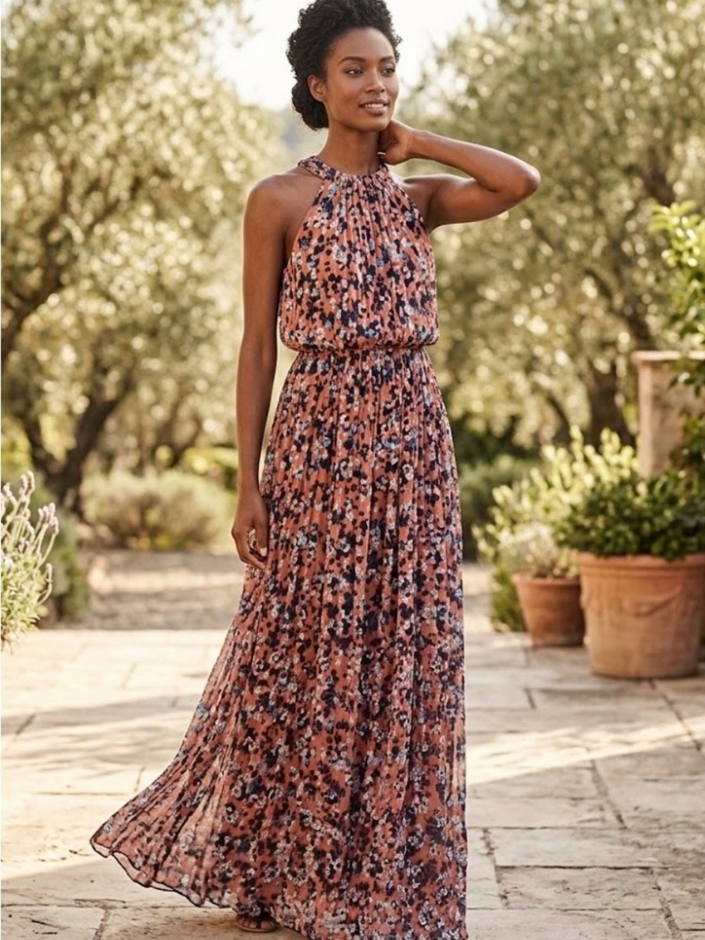 J.Crew Collection Silk Floral Pleated Halter Neck Maxi Dress Size 00 Wedding